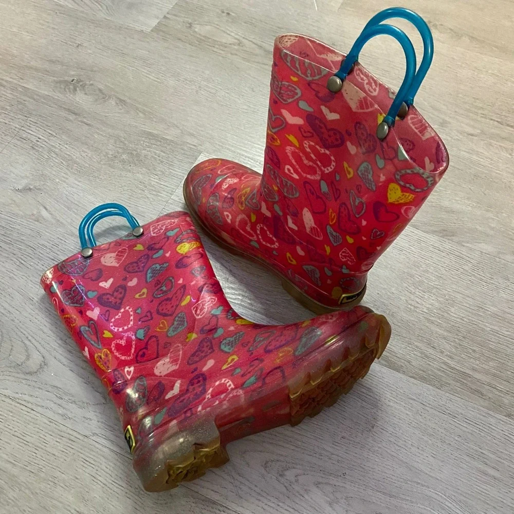 Western Chief Rain Boots Kids Size 11/12 Pink Heart Print Glitter Sole Pull On